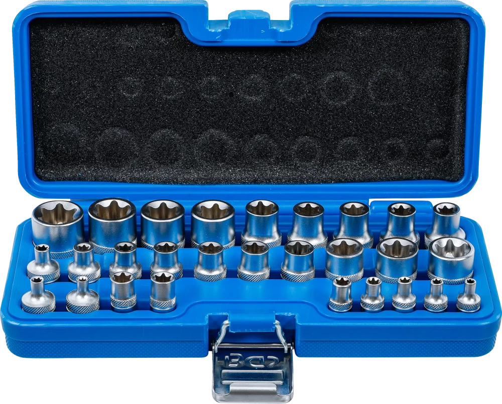 Steckschlüssel-Einsatz-Satz, E-Profil, Antrieb Innenvierkant 6,3 mm (1/4") / 12,5 mm (1/2"), SW E4 - E24, 28-tlg.