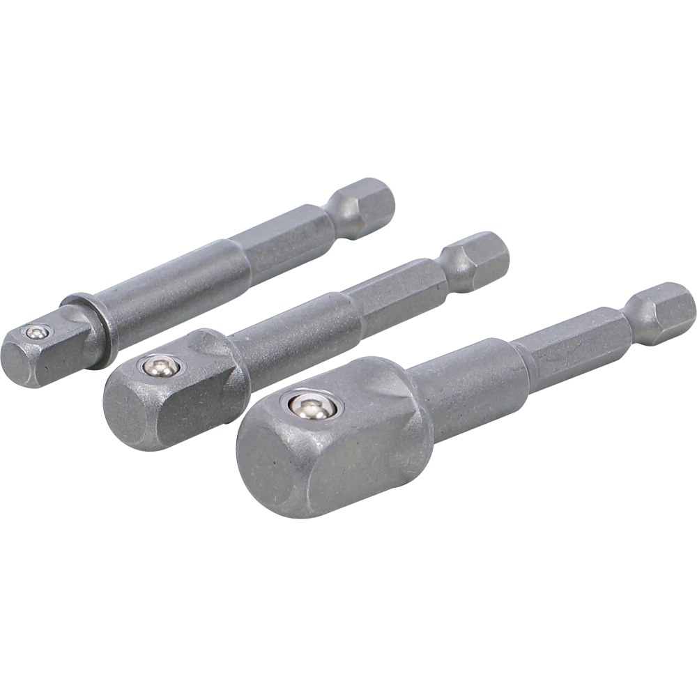 Adapter-Satz für Bohrmaschinen, Antrieb Außensechskant 6,3 mm (1/4"), Abtrieb Außenvierkant 6,3 mm (1/4") / 10 mm (3/8") / 12,5 mm (1/2"), 3-tlg.