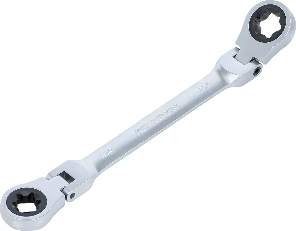 Doppel-Ratschen-Ringschlüssel, abwinkelbar, mit E-Profil Ringköpfen, SW E20 x E24
