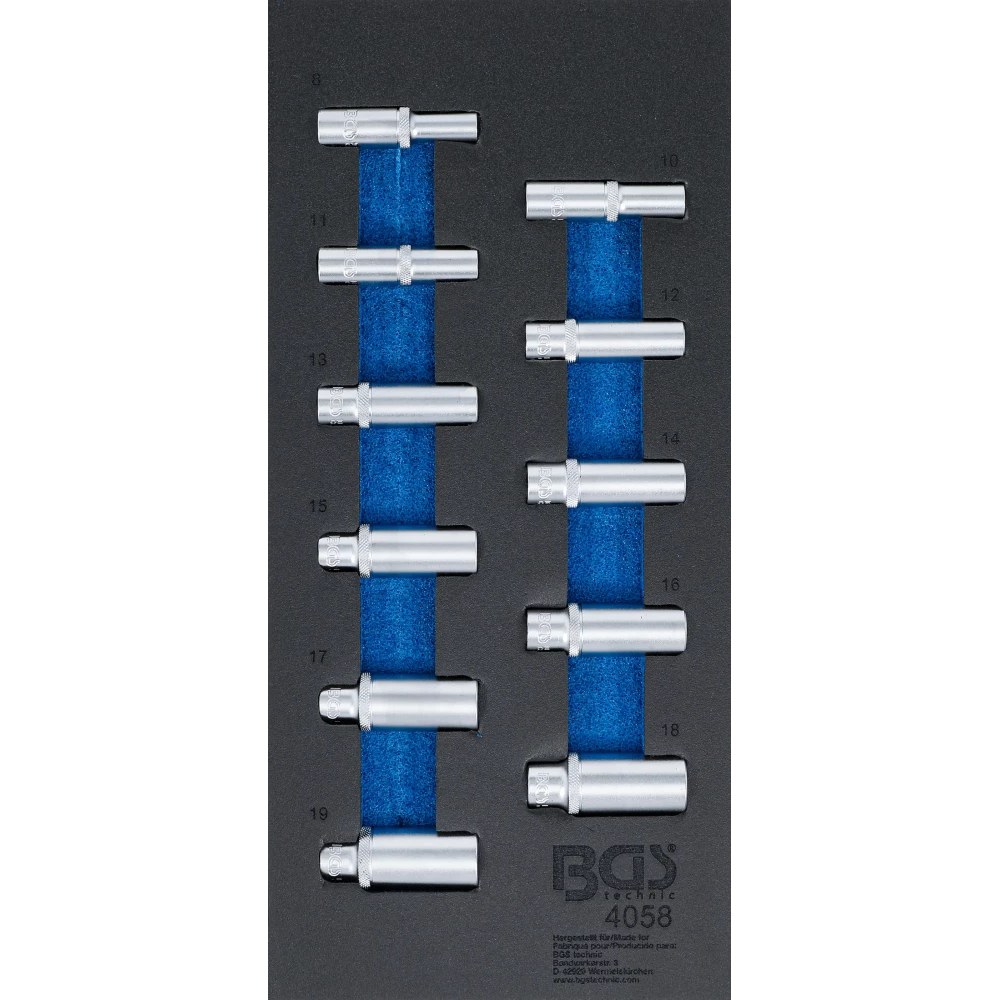 Werkstattwageneinlage 1/3: Steckschlüssel-Einsätze Sechskant, 10 mm (3/8"), 8 - 19 mm, tief, 11-tlg.