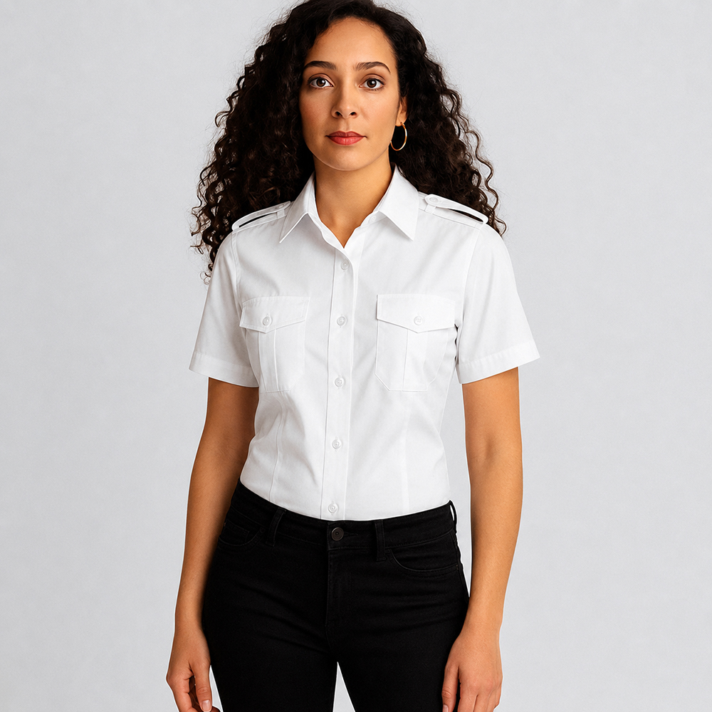 Damen Pilotenbluse halbarm, tailliert, weiss