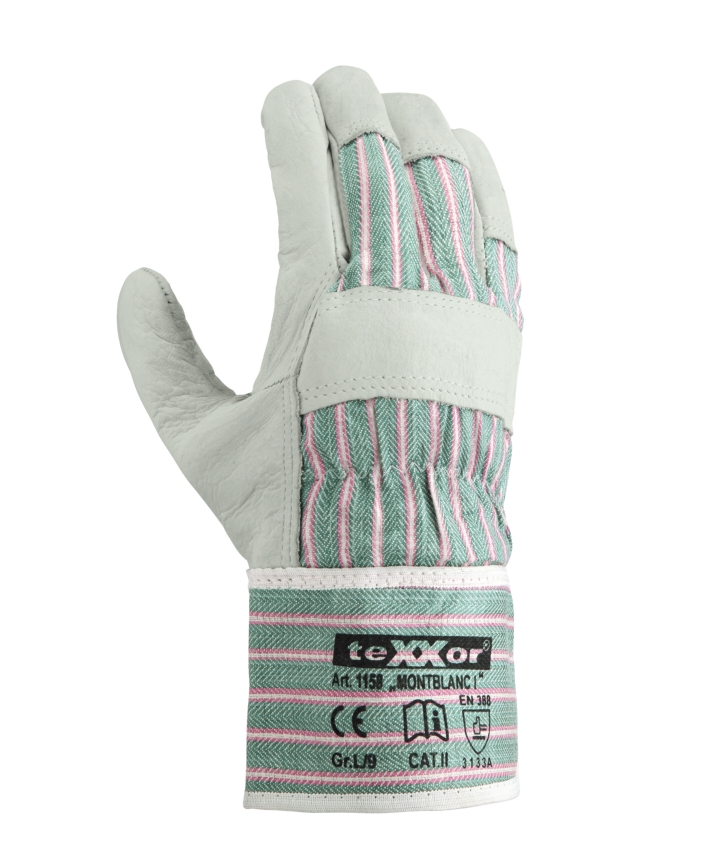 teXXor® Rindvollleder-Handschuhe MONTBLANC I Leder natur, Drell grün/rot-gestreift