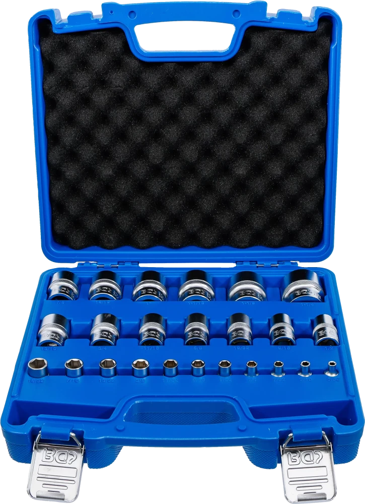 Steckschlüssel-Einsatz-Satz, Sechskant, Antriebe Innenvierkant 6,3 mm (1/4"), 12,5 mm (1/2"), Zollmaße, 24-tlg.