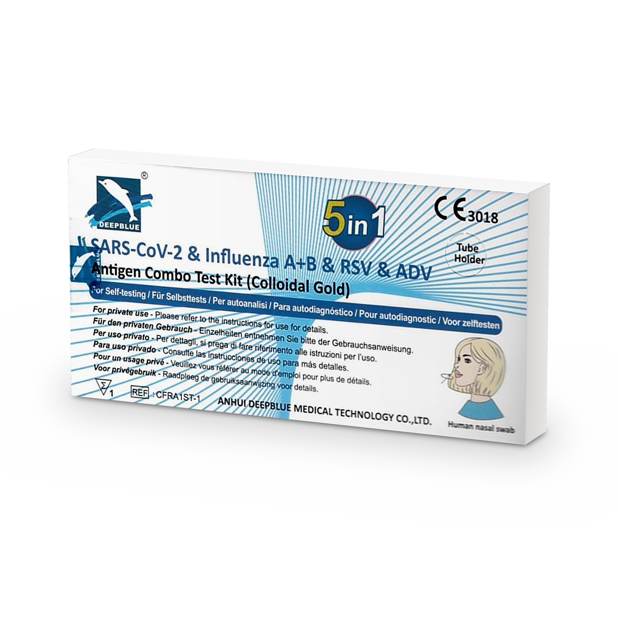 DeepBlue 5-in-1 Kombi-Selbsttest COVID-19, Grippe A/B, RSV, Adenovirus, 1 Test