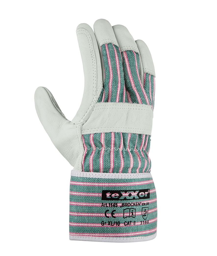 teXXor® Rindvollleder-Handschuhe BROCKEN Leder natur, Drell grün/rot