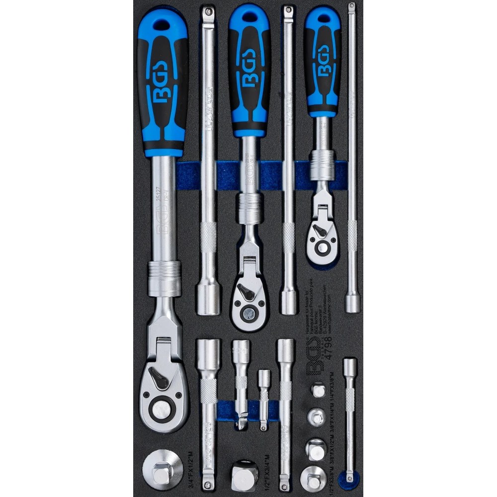 Werkstattwageneinlage 1/3: Umschaltknarren-Satz, ausziehbar, abwinkelbar, Abtrieb Außenvierkant 6,3 mm (1/4") - 10 mm (3/8") - 12,5 mm (1/2"), 17-tlg.