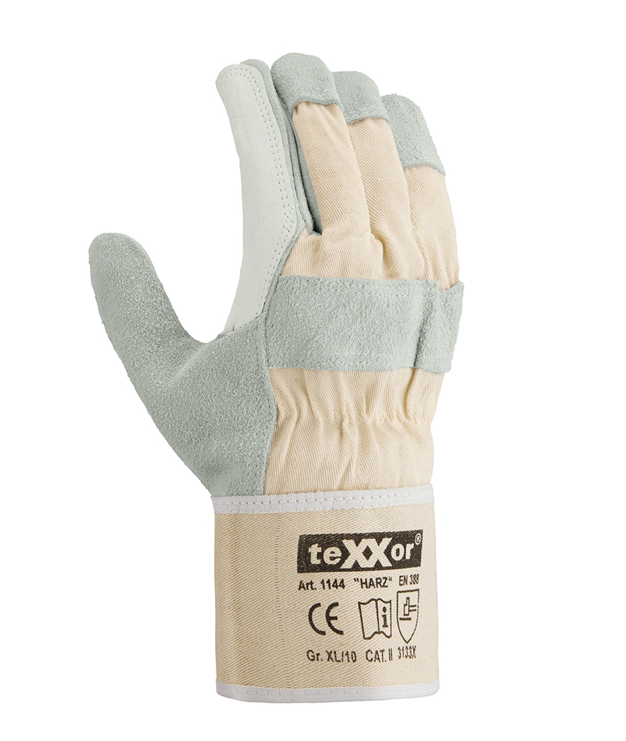 teXXor® Rindspaltleder-Handschuhe HARZ Leder gelb, Drell weiß