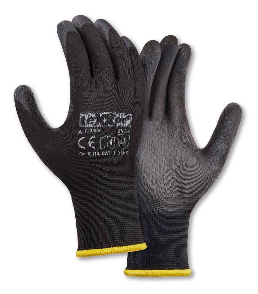 teXXor® Polyester-Strickhandschuhe POLYURETHAN BESCHICHTET schwarz/schwarz