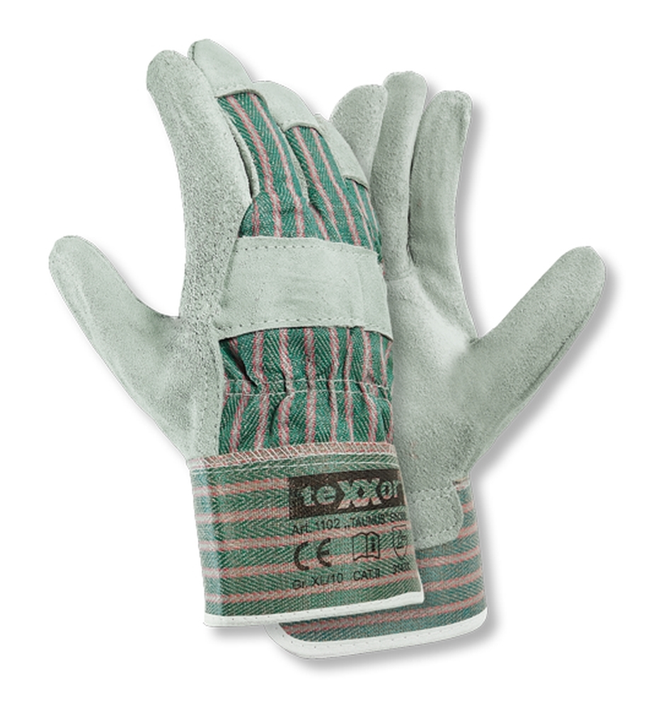 teXXor® Rindkernspaltleder-Handschuhe TAUNUS Leder natur, Drell grün/rot