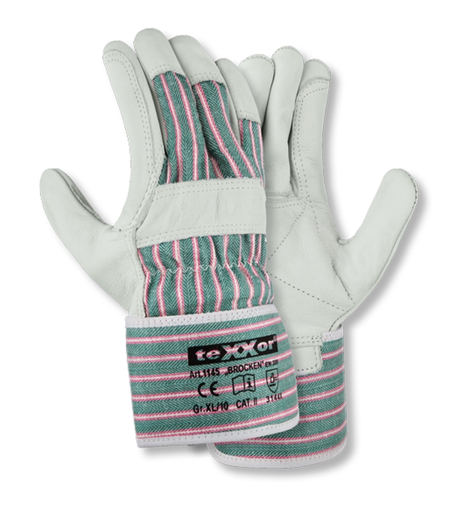 teXXor® Rindvollleder-Handschuhe BROCKEN Leder natur, Drell grün/rot