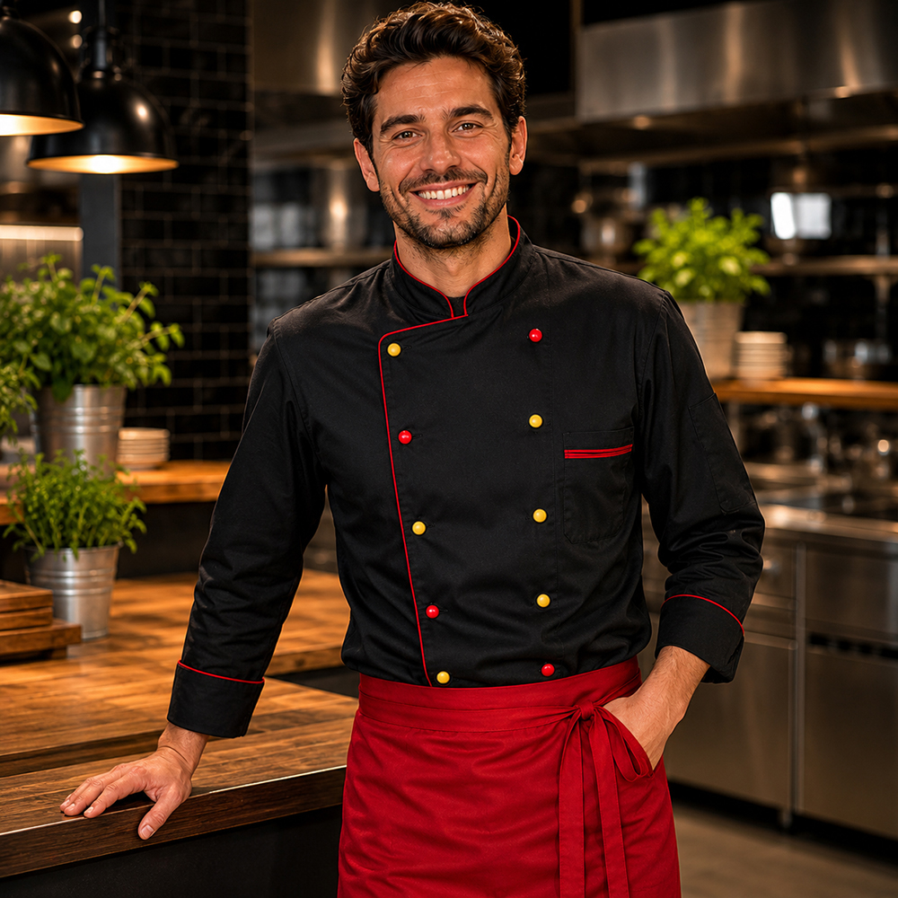 Kochjacke langarm, schwarz, Paspel