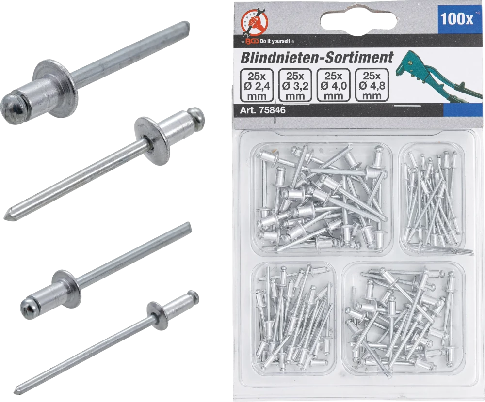 Blindnieten-Sortiment, Ø 2,4 - 4,8 mm, 100-tlg.