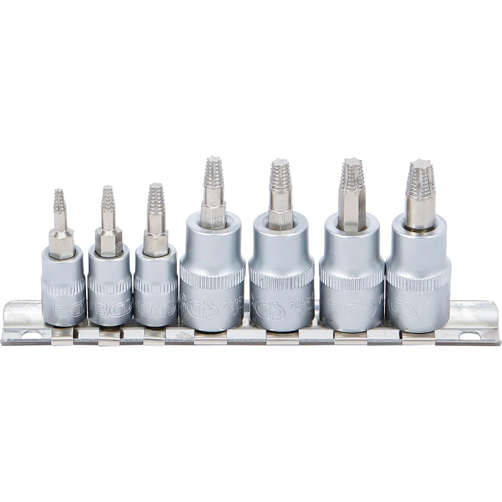 Schraubenausdreher-Bit-Einsatz-Satz, Antrieb Innenvierkant 6,3 mm (1/4") / 10 mm (3/8"), für defektes T-Profil (für Torx), T10 - T40, 7-tlg.
