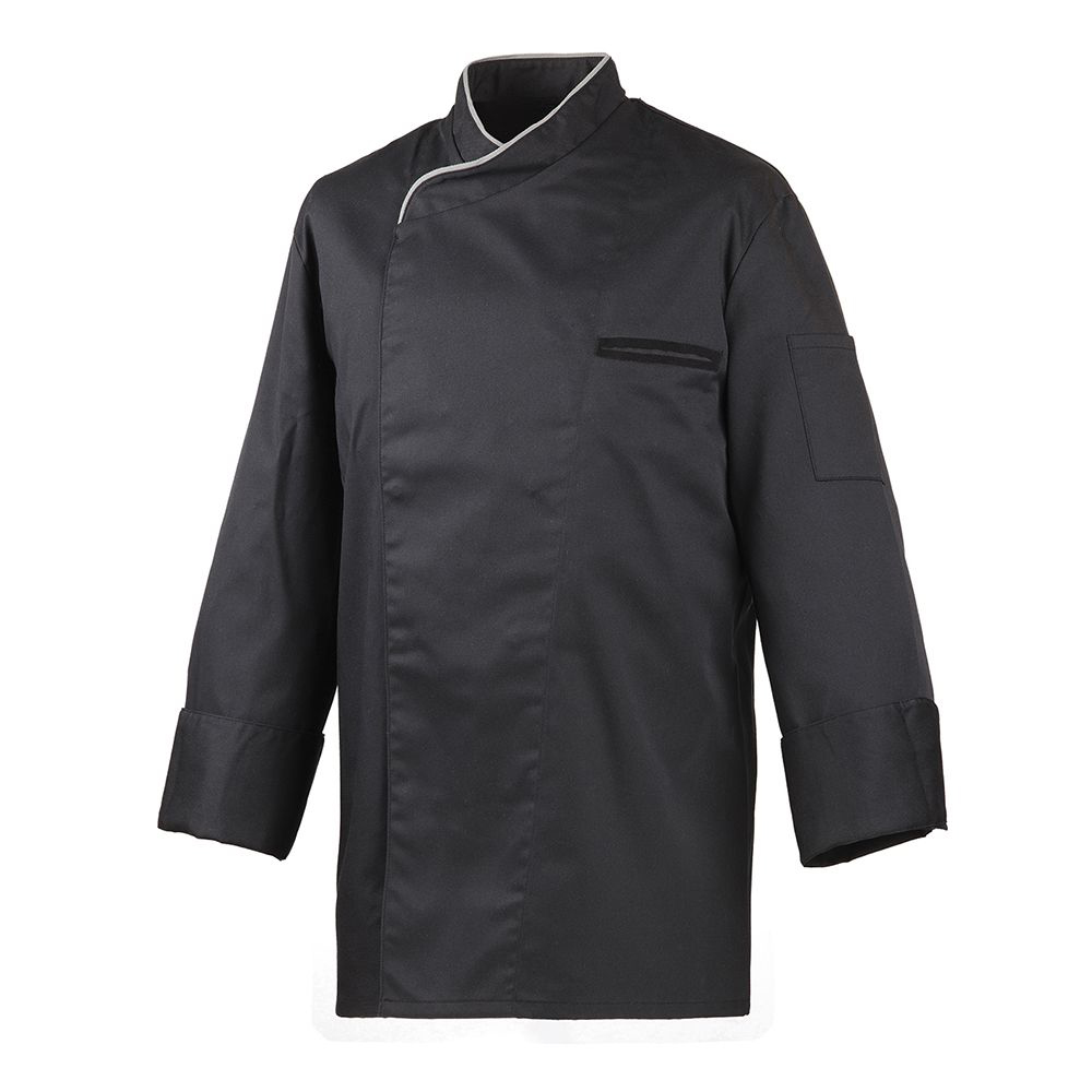 Kochjacke langarm, mit Druckknöpfen, schwarz, Paspel
